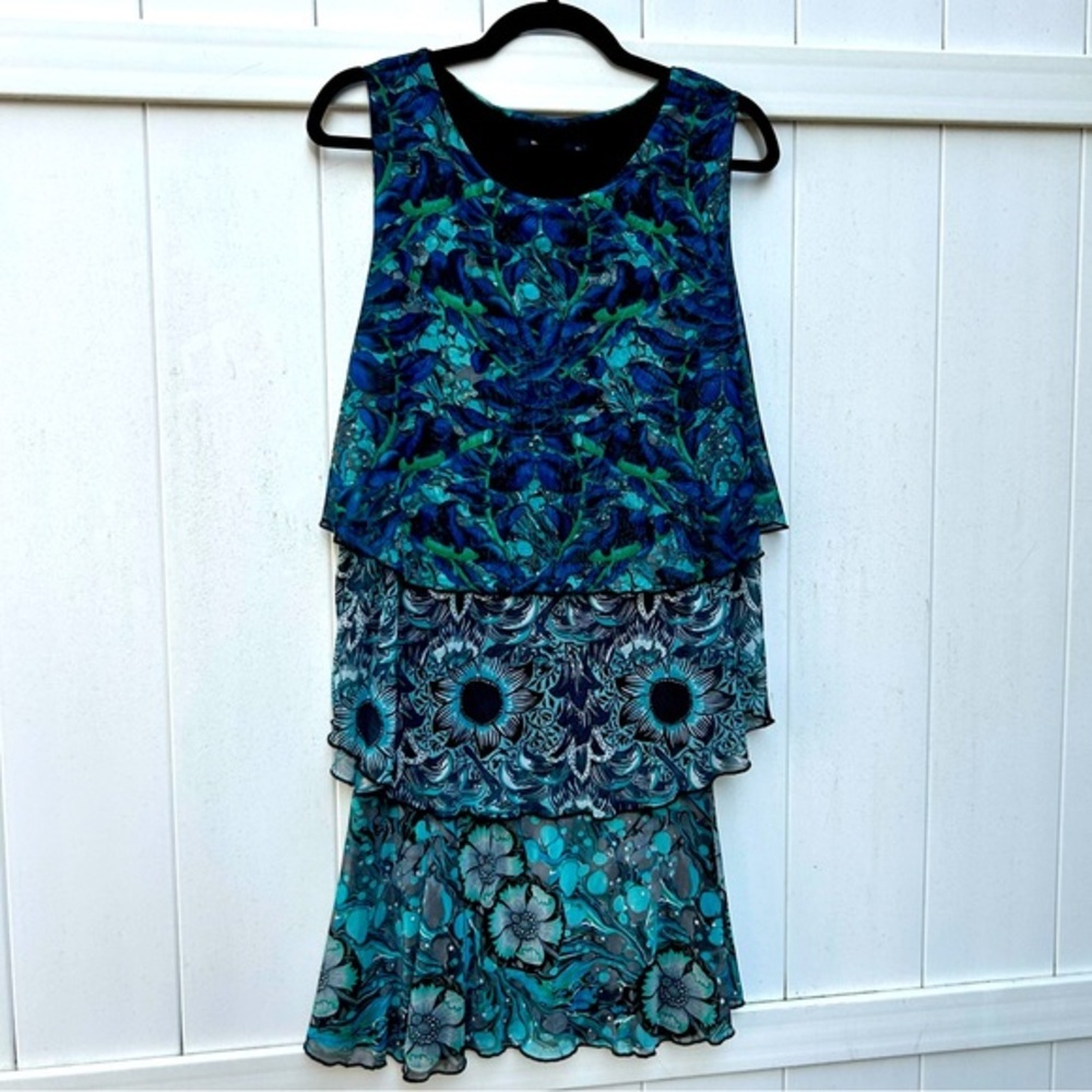 Desigual Sheer Layered Floral Sleeveless Tiered Dress | Aqua Blues Black | XL